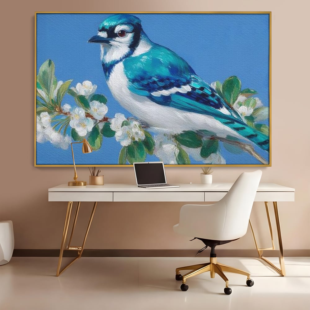 Tablou canvas cu tablou canvas cu gai albastra pe ramura, in rama de aluminiu auriu, pe perete intr-un birou