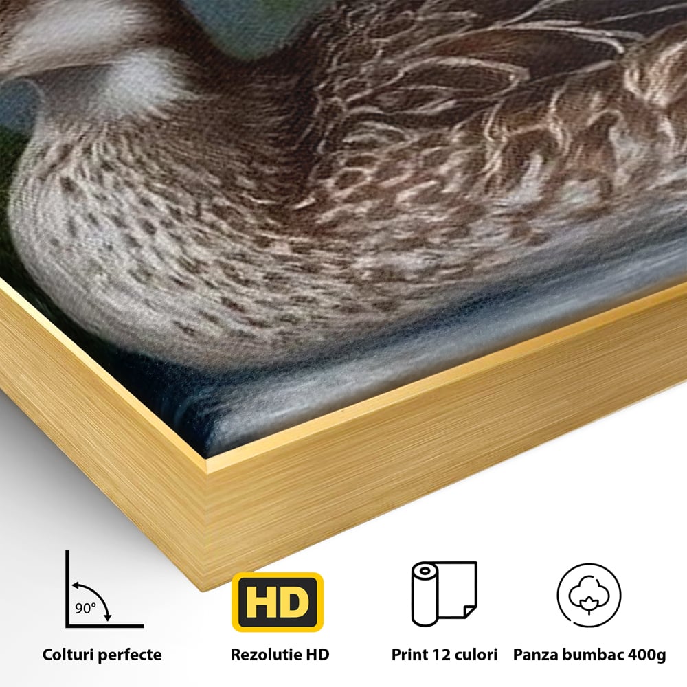 Detaliu al suprafetei: tablou canvas cu rata si crini albi, in rama de aluminiu auriu