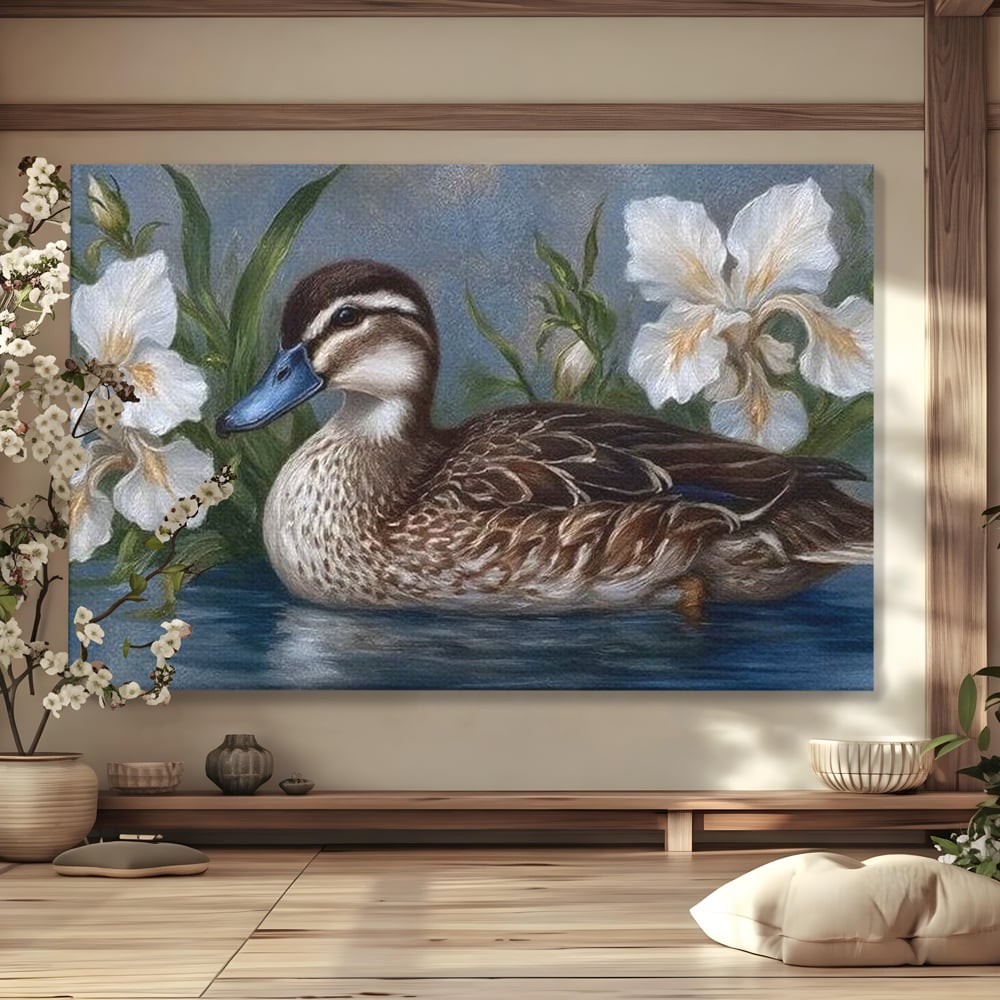 Tablou canvas cu tablou canvas cu rata si crini albi, fara rama, pe sasiu de lemn