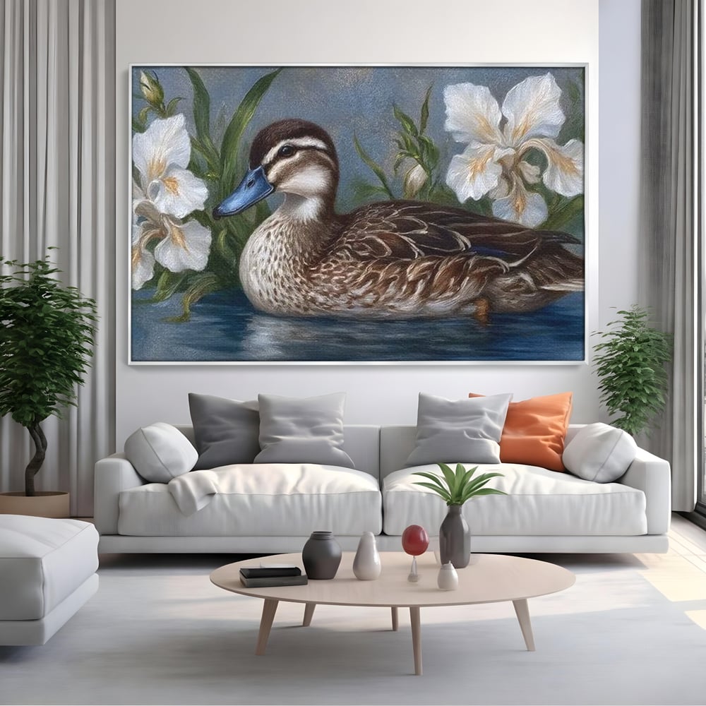 Tablou canvas cu tablou canvas cu rata si crini albi, in rama de aluminiu argintiu, pe perete intr-un living