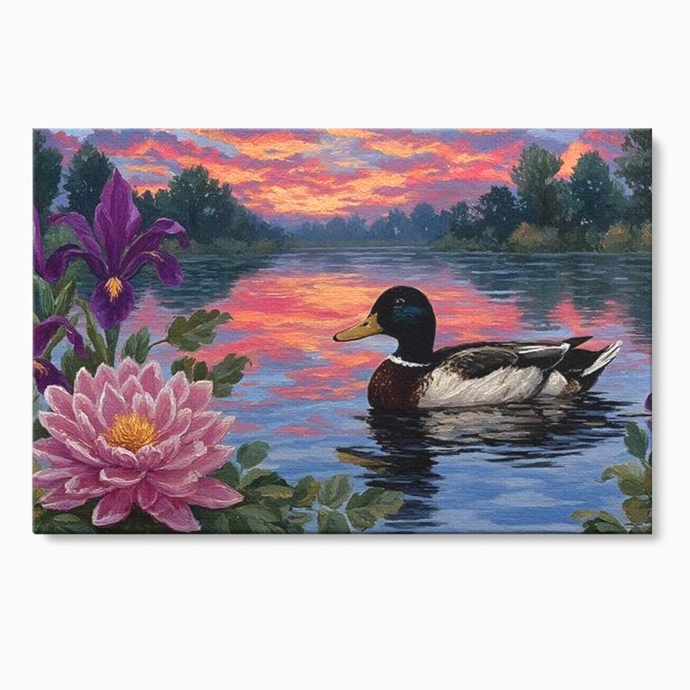 Tablou canvas cu tablou canvas cu rata si nufar pe lac, fara rama, pe sasiu de lemn