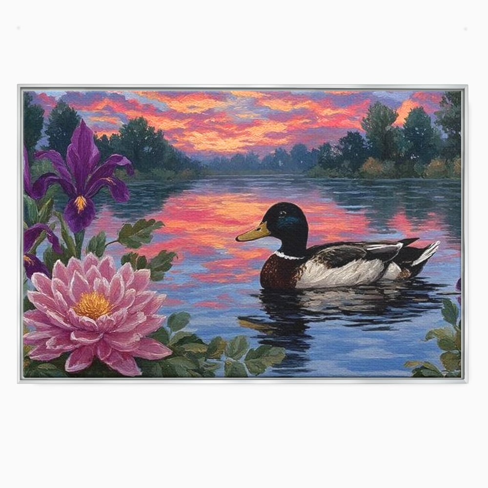 Tablou canvas cu tablou canvas cu rata si nufar pe lac, in rama de aluminiu argintiu