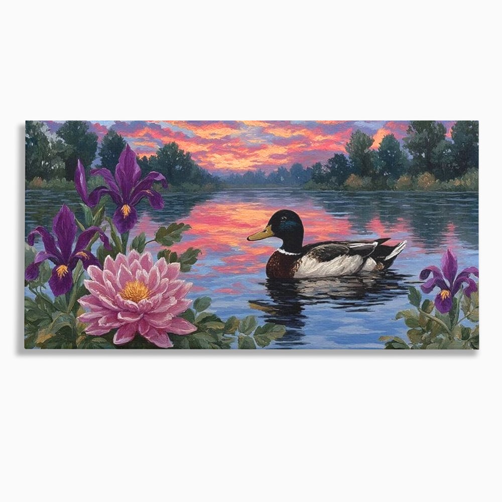 Tablou canvas cu tablou canvas cu rata si nufar pe lac, fara rama, pe sasiu de lemn