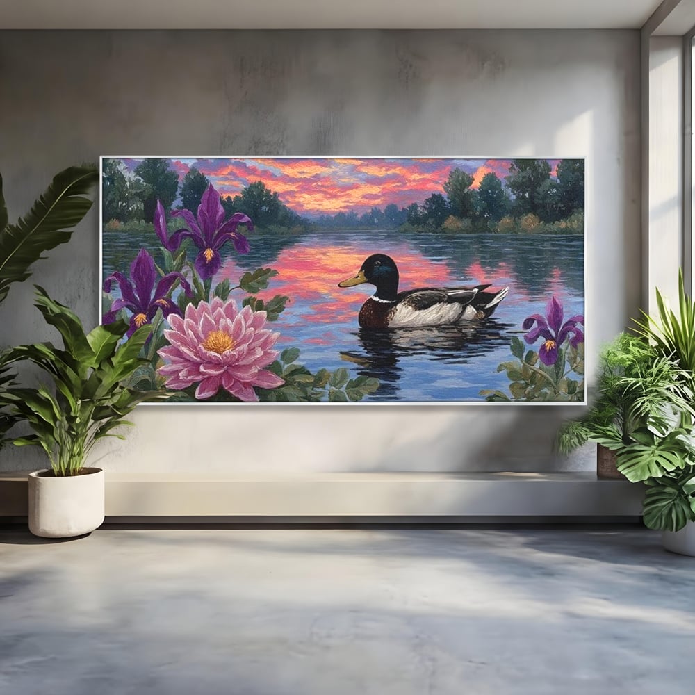 Tablou canvas cu tablou canvas cu rata si nufar pe lac, in rama de aluminiu argintiu