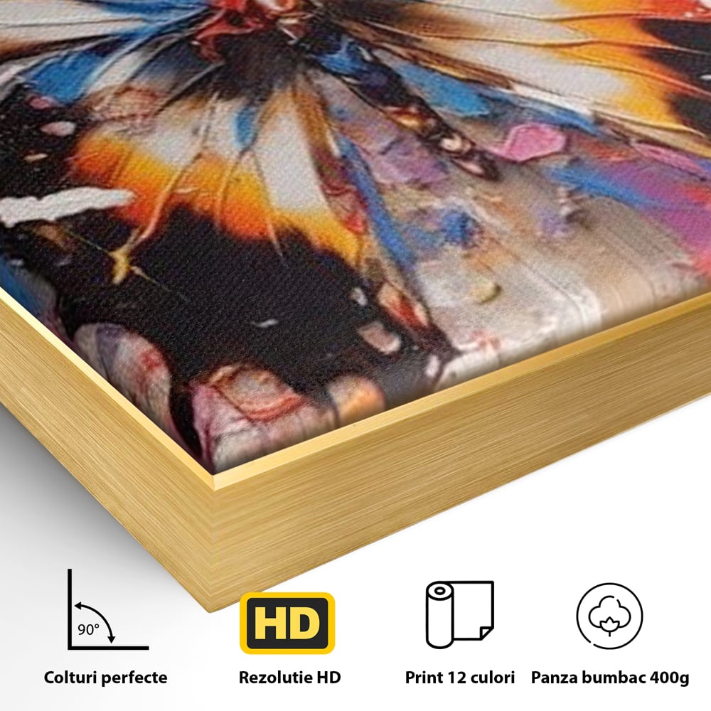 Detaliu al suprafetei: tablou vertical cu fluture pictat, in rama de aluminiu auriu