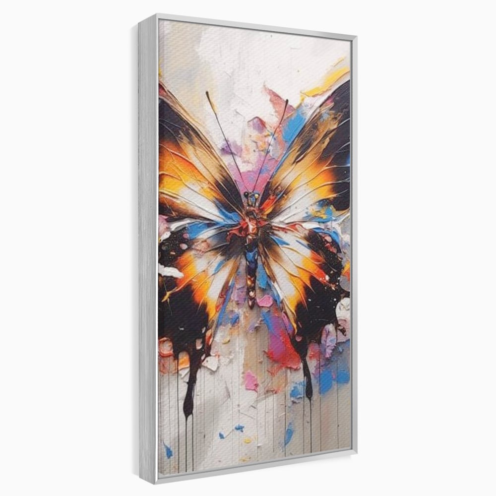 Tablou canvas cu tablou vertical cu fluture pictat, in rama de aluminiu argintiu