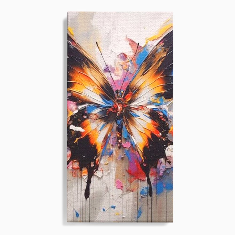 Tablou canvas cu tablou vertical cu fluture pictat, fara rama, pe sasiu de lemn