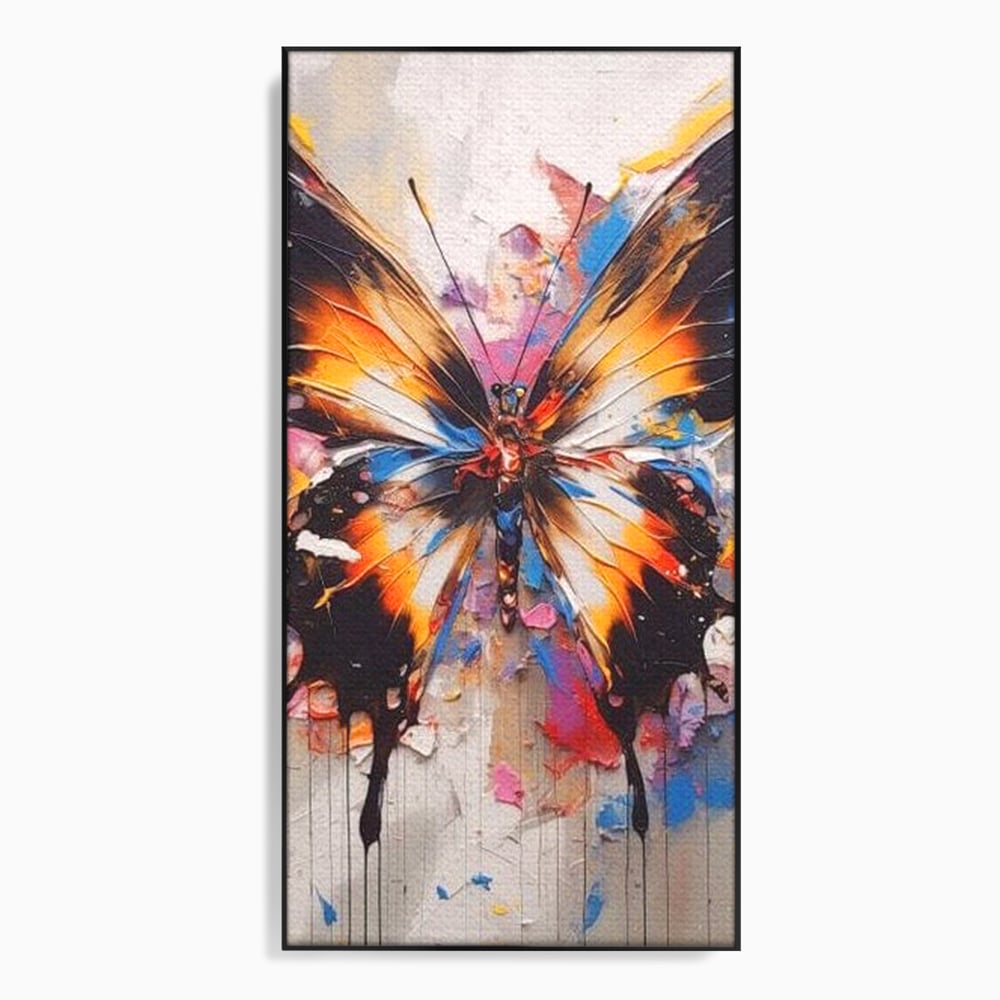 Tablou canvas cu tablou vertical cu fluture pictat, in rama de aluminiu negru