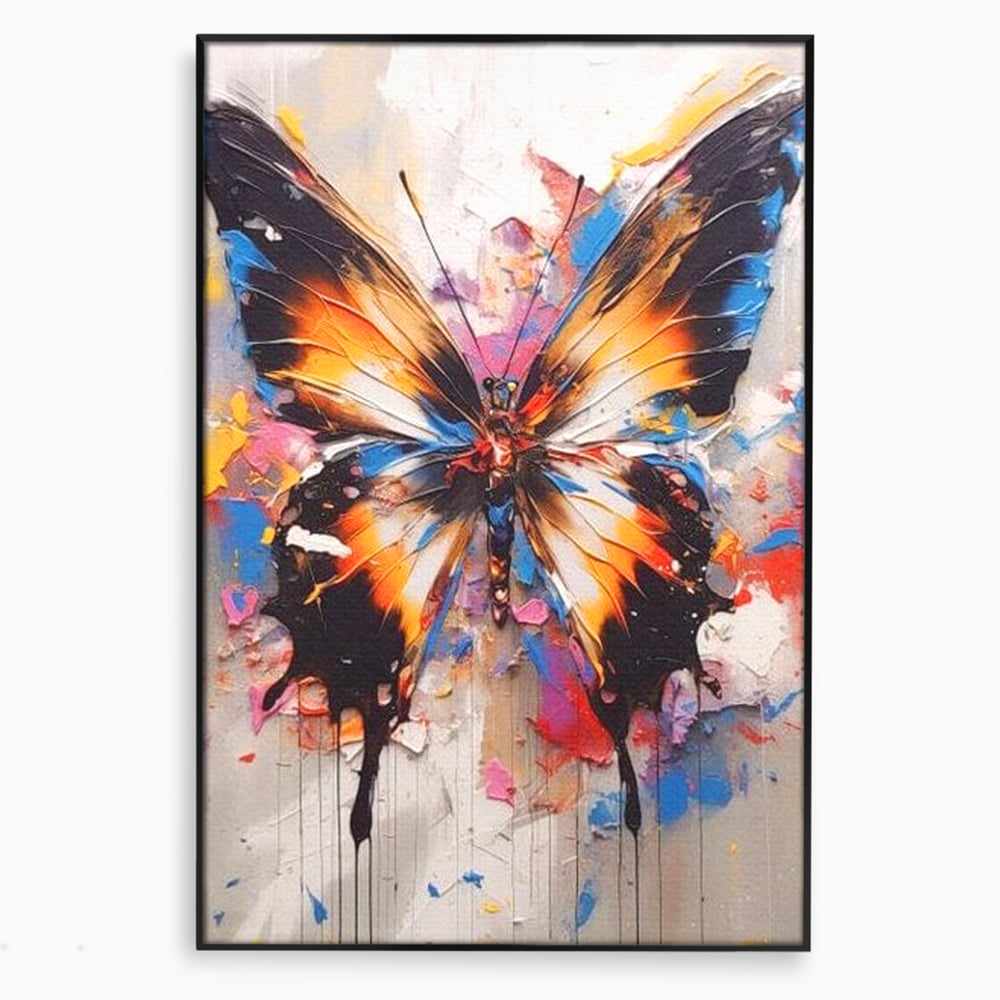 Tablou canvas cu tablou vertical cu fluture pictat, in rama de aluminiu negru