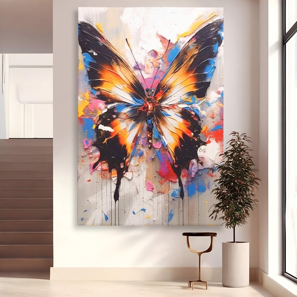 Tablou canvas cu tablou vertical cu fluture pictat, fara rama, pe sasiu de lemn