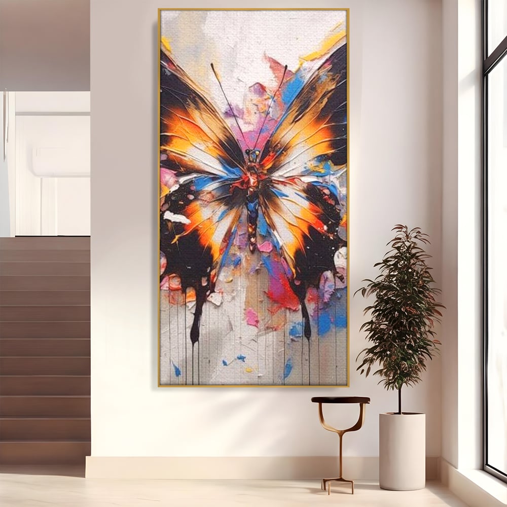 Tablou canvas cu tablou vertical cu fluture pictat, in rama de aluminiu auriu
