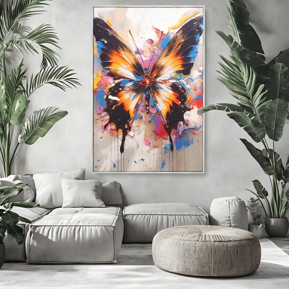Tablou canvas cu tablou vertical cu fluture pictat, in rama de aluminiu argintiu, pe perete intr-un living