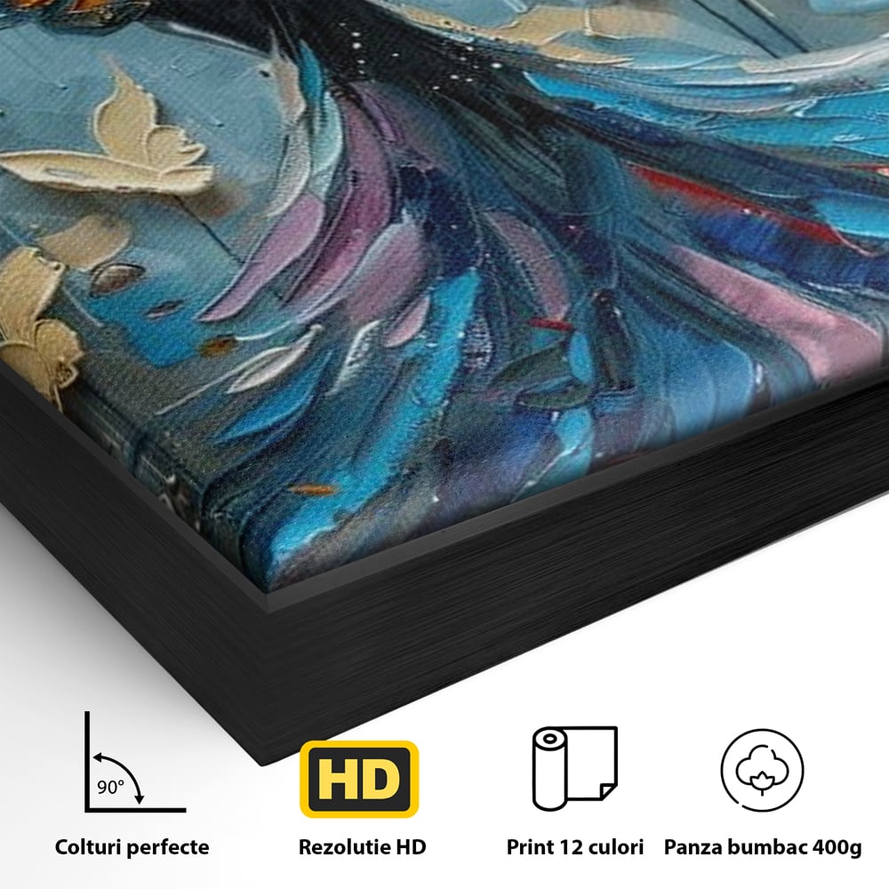 Detaliu al suprafetei: tablou canvas cu femeie si aripi de fluture, in rama de aluminiu negru