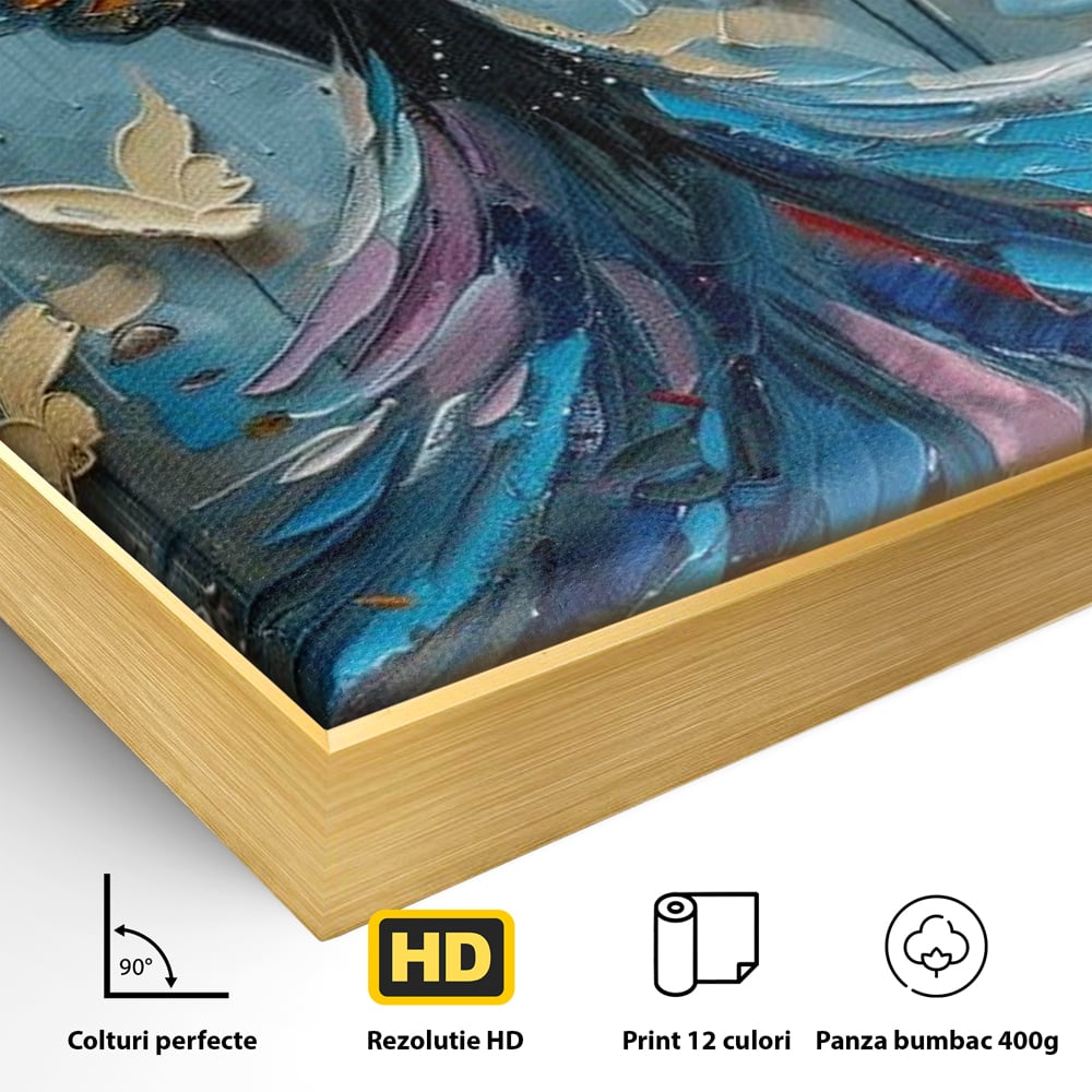 Detaliu al suprafetei: tablou canvas cu femeie si aripi de fluture, in rama de aluminiu auriu