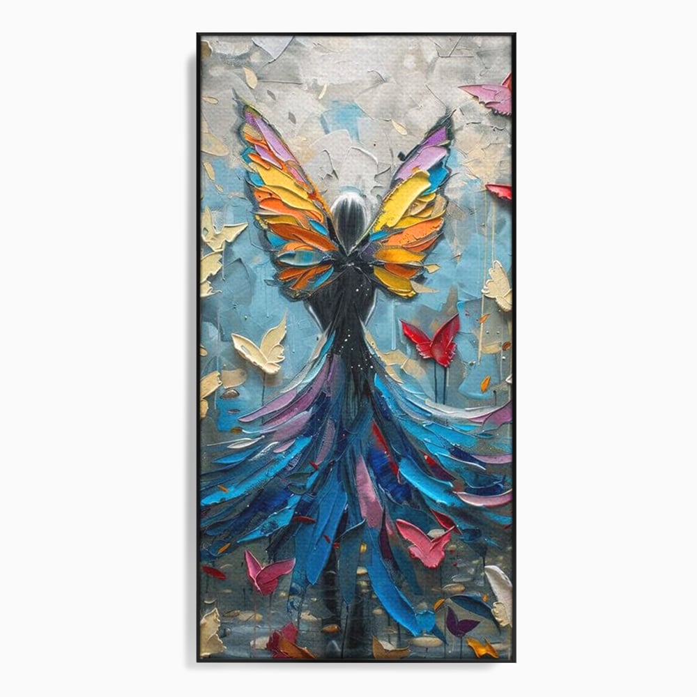 Tablou canvas cu tablou canvas cu femeie si aripi de fluture, in rama de aluminiu negru