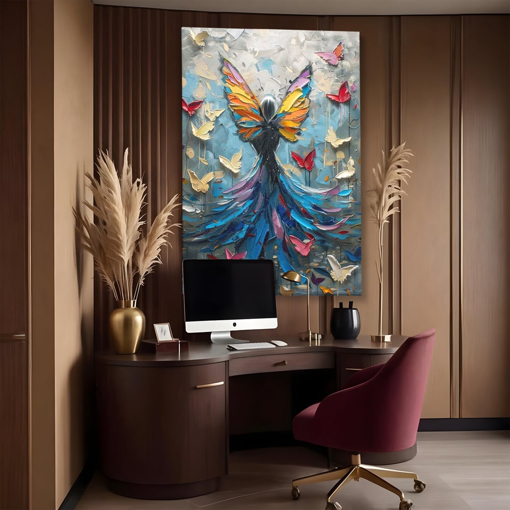 Tablou canvas cu tablou canvas cu femeie si aripi de fluture, fara rama, pe sasiu de lemn, pe perete intr-un birou