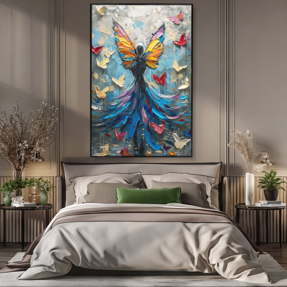 Tablou canvas cu tablou canvas cu femeie si aripi de fluture, in rama de aluminiu negru, pe perete intr-un dormitor