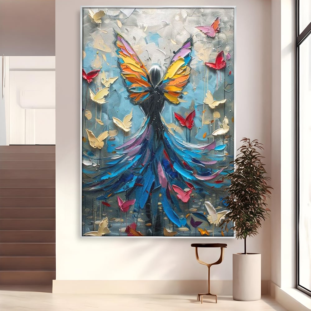 Tablou canvas cu tablou canvas cu femeie si aripi de fluture, in rama de aluminiu argintiu