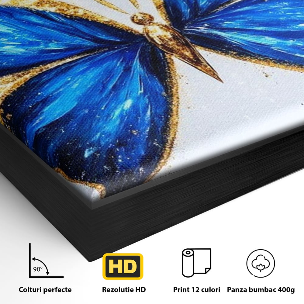 Detaliu al suprafetei: tablou canvas cu fluture albastru, in rama de aluminiu negru