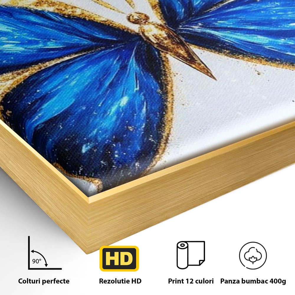 Detaliu al suprafetei: tablou canvas cu fluture albastru, in rama de aluminiu auriu