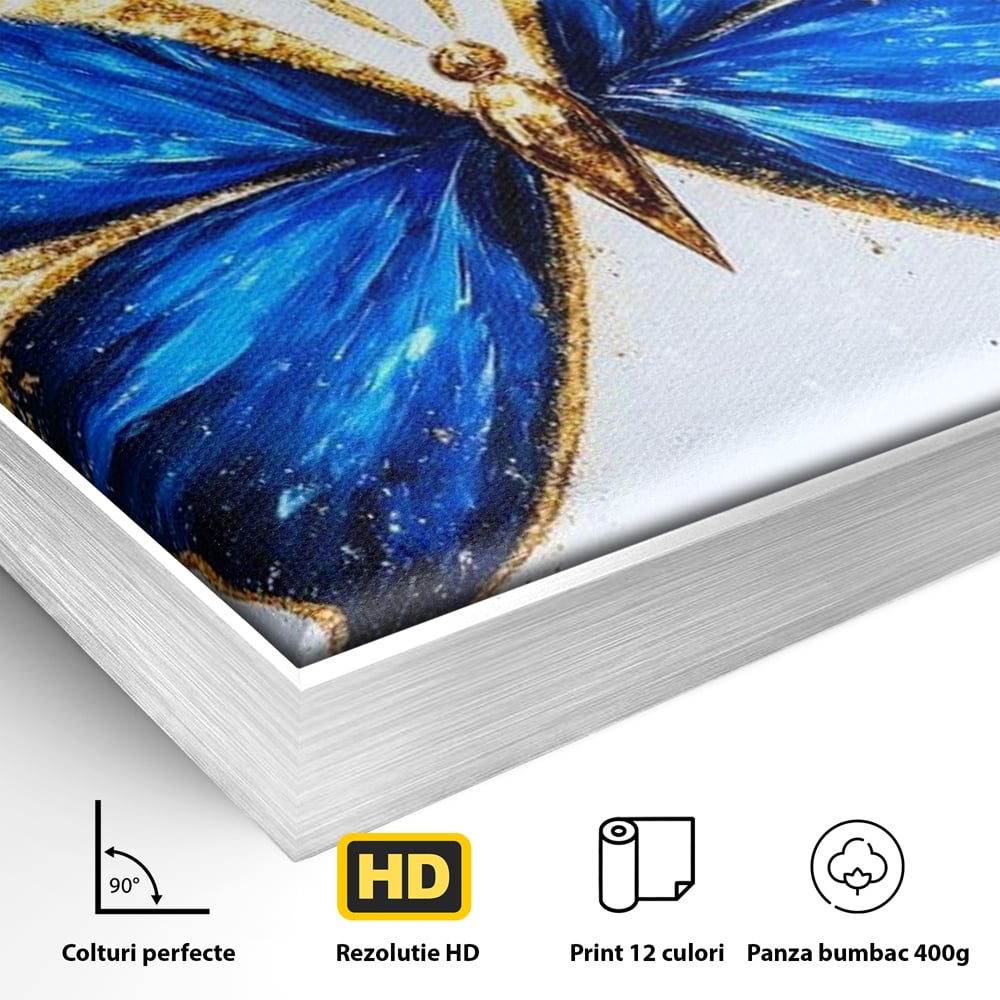 Detaliu al suprafetei: tablou canvas cu fluture albastru, in rama de aluminiu argintiu