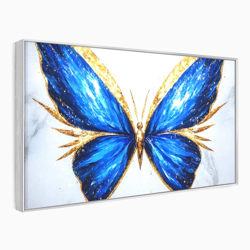 Tablou canvas cu tablou canvas cu fluture albastru, in rama de aluminiu argintiu