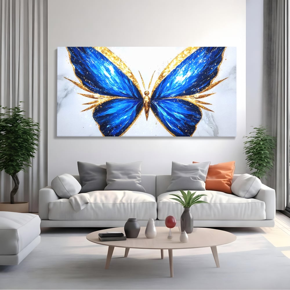 Tablou canvas cu tablou canvas cu fluture albastru, fara rama, pe sasiu de lemn, pe perete intr-un living