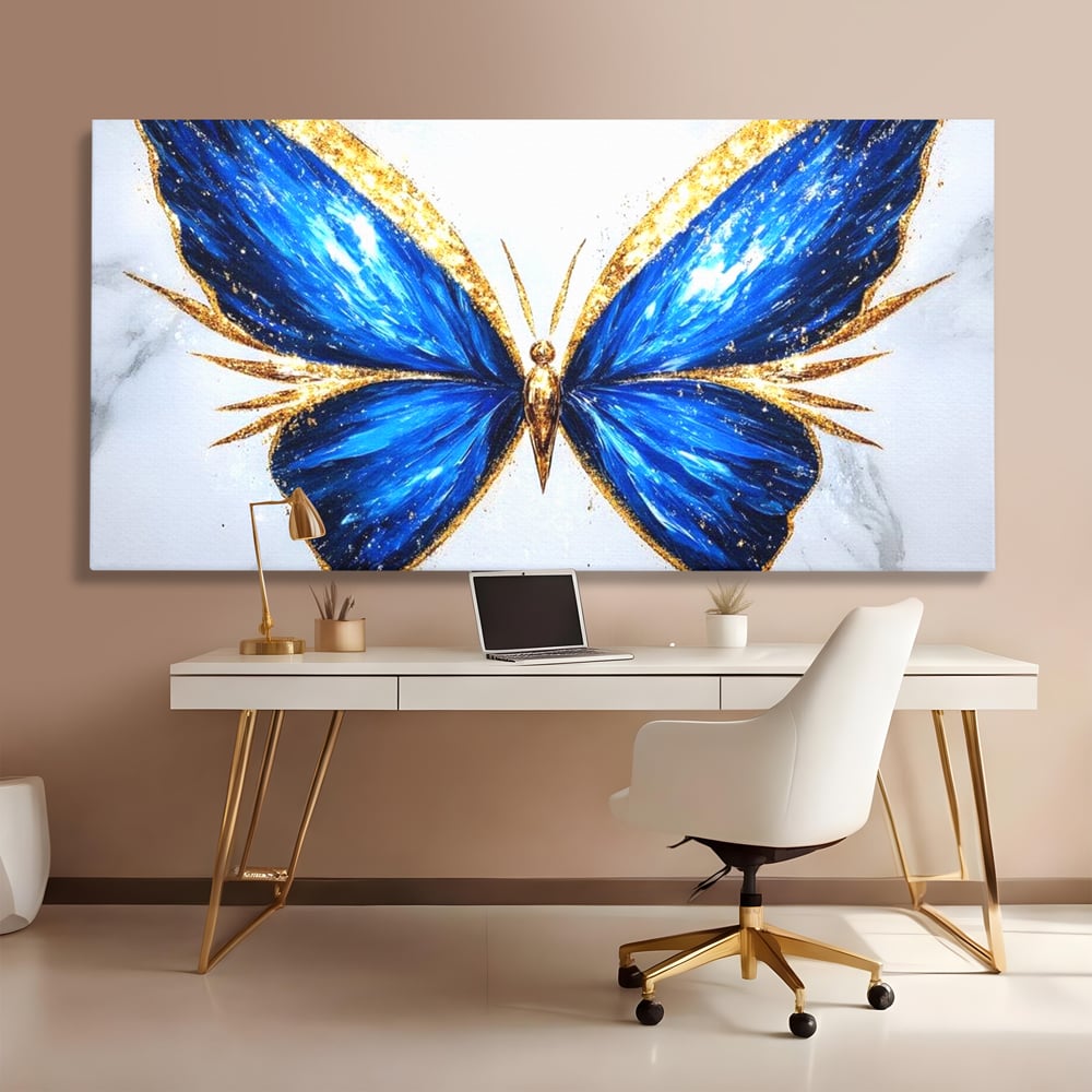 Tablou canvas cu tablou canvas cu fluture albastru, fara rama, pe sasiu de lemn, pe perete intr-un birou