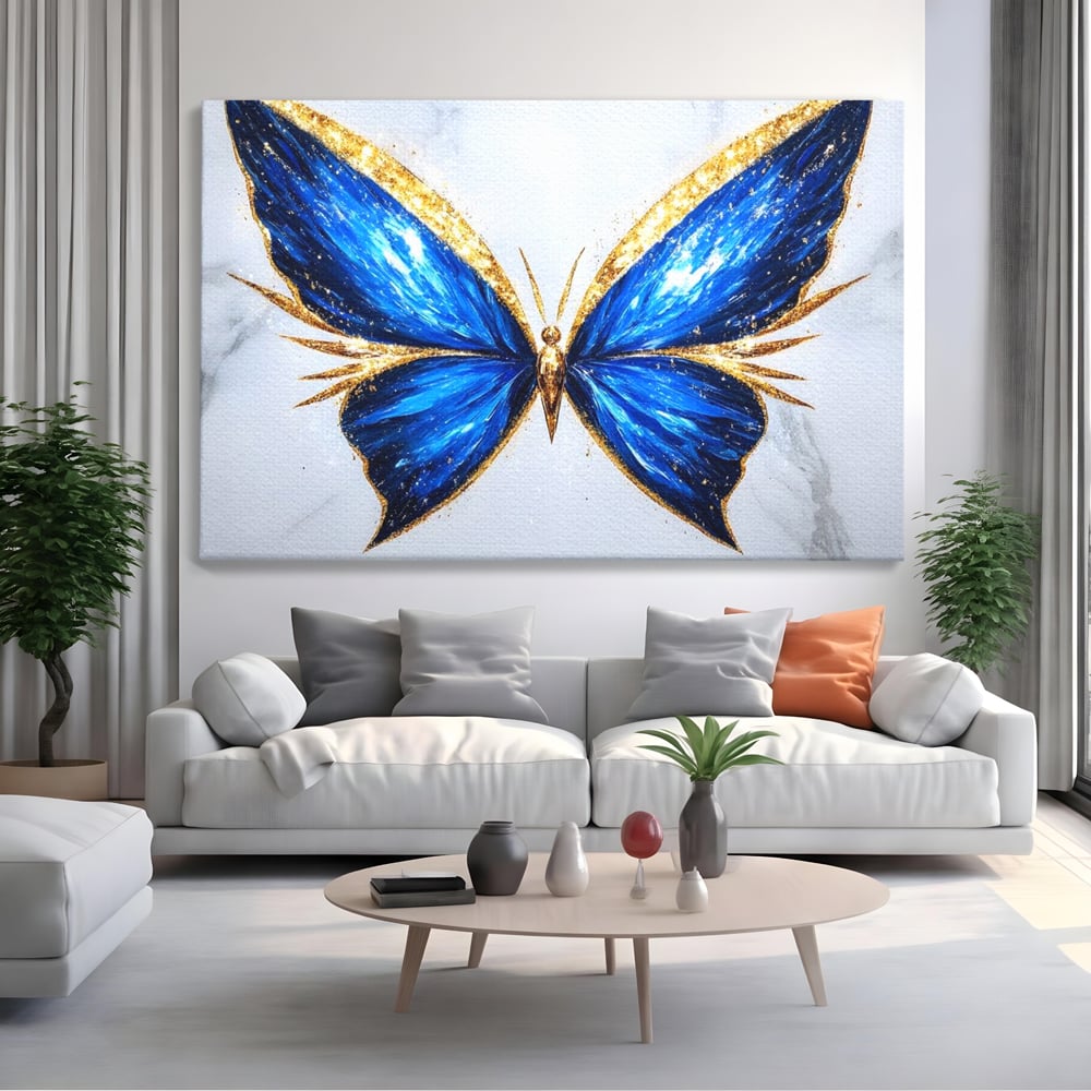 Tablou canvas cu tablou canvas cu fluture albastru, fara rama, pe sasiu de lemn, pe perete intr-un living