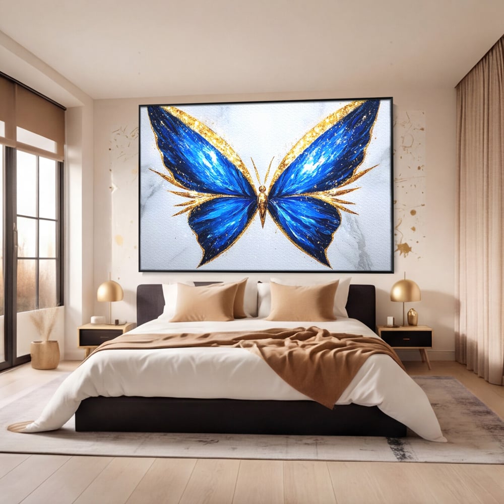 Tablou canvas cu tablou canvas cu fluture albastru, in rama de aluminiu negru, pe perete intr-un dormitor