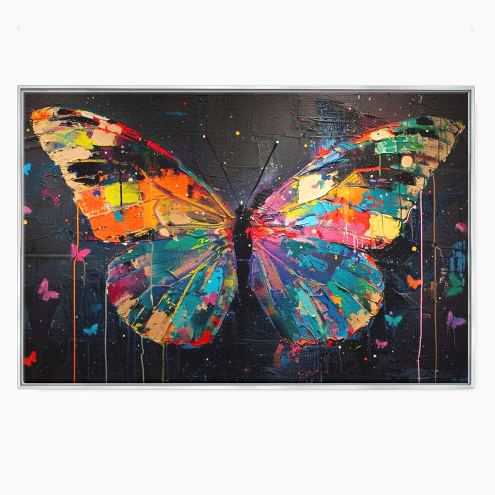 Tablou canvas cu tablou canvas cu fluture multicolor, in rama de aluminiu argintiu