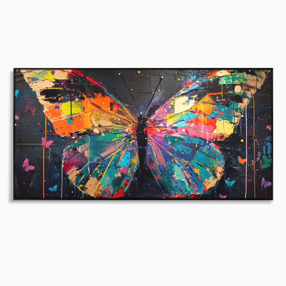 Tablou canvas cu tablou canvas cu fluture multicolor, in rama de aluminiu negru