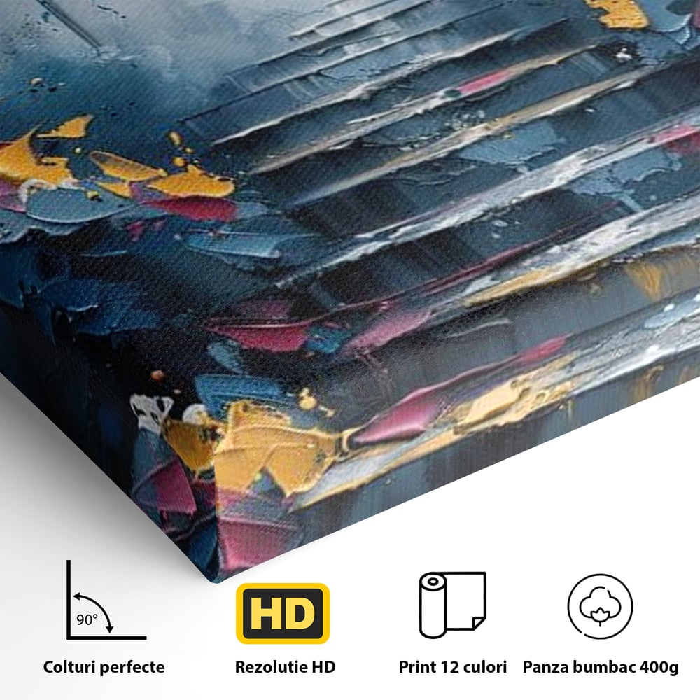 Detaliu al suprafetei: tablou canvas cu fluture multicolor si scari, fara rama, pe sasiu de lemn