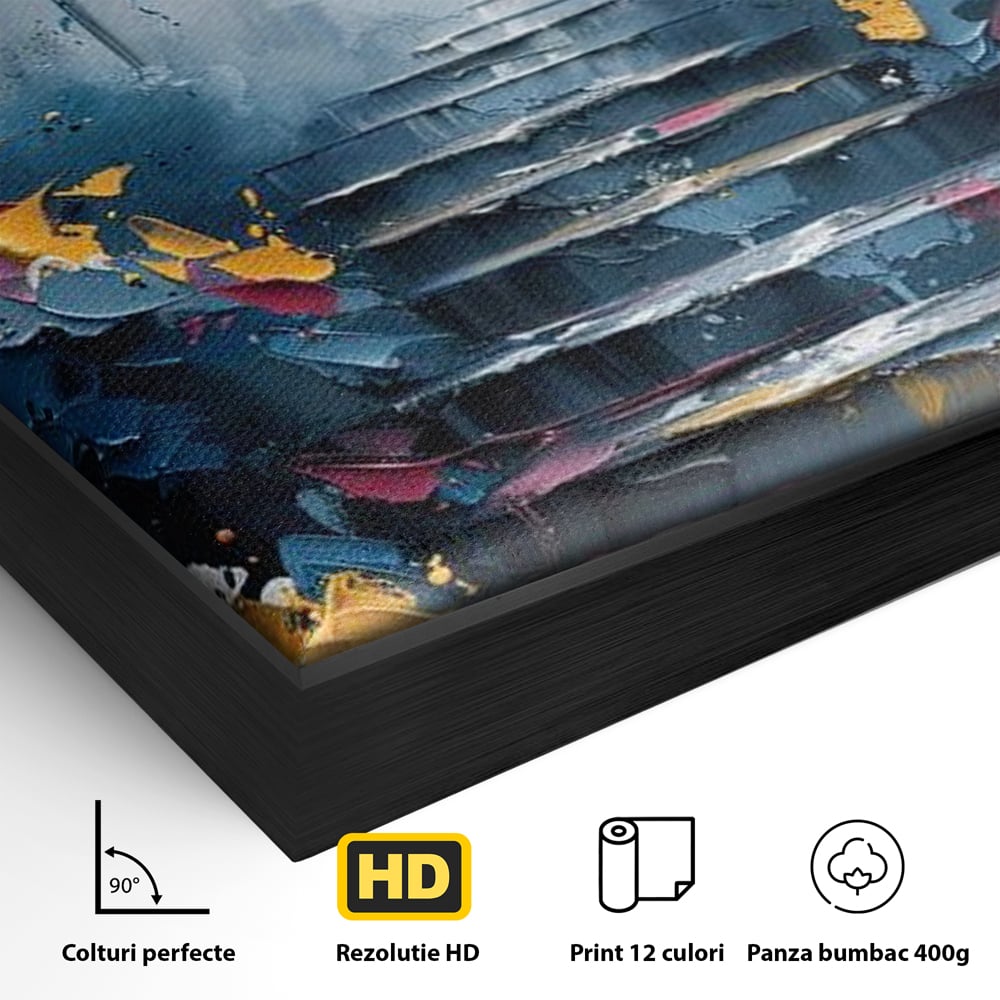 Detaliu al suprafetei: tablou canvas cu fluture multicolor si scari, in rama de aluminiu negru