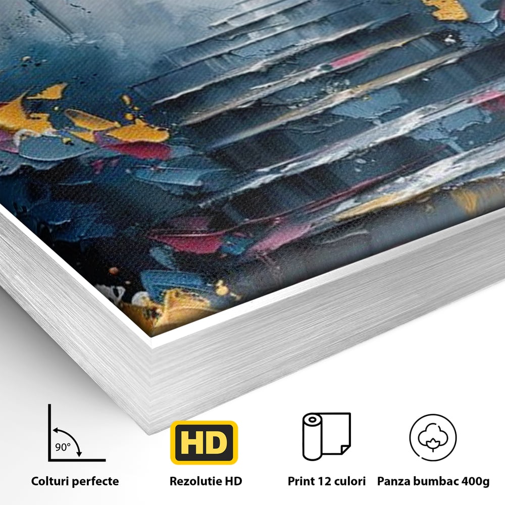 Detaliu al suprafetei: tablou canvas cu fluture multicolor si scari, in rama de aluminiu argintiu