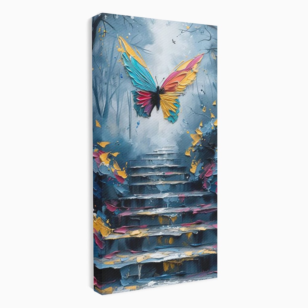 Tablou canvas cu tablou canvas cu fluture multicolor si scari, fara rama, pe sasiu de lemn