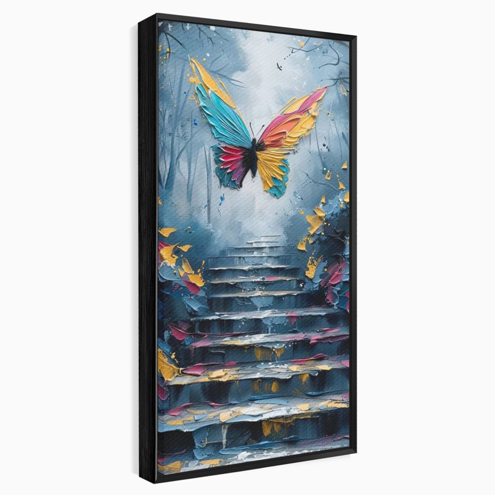 Tablou canvas cu tablou canvas cu fluture multicolor si scari, in rama de aluminiu negru