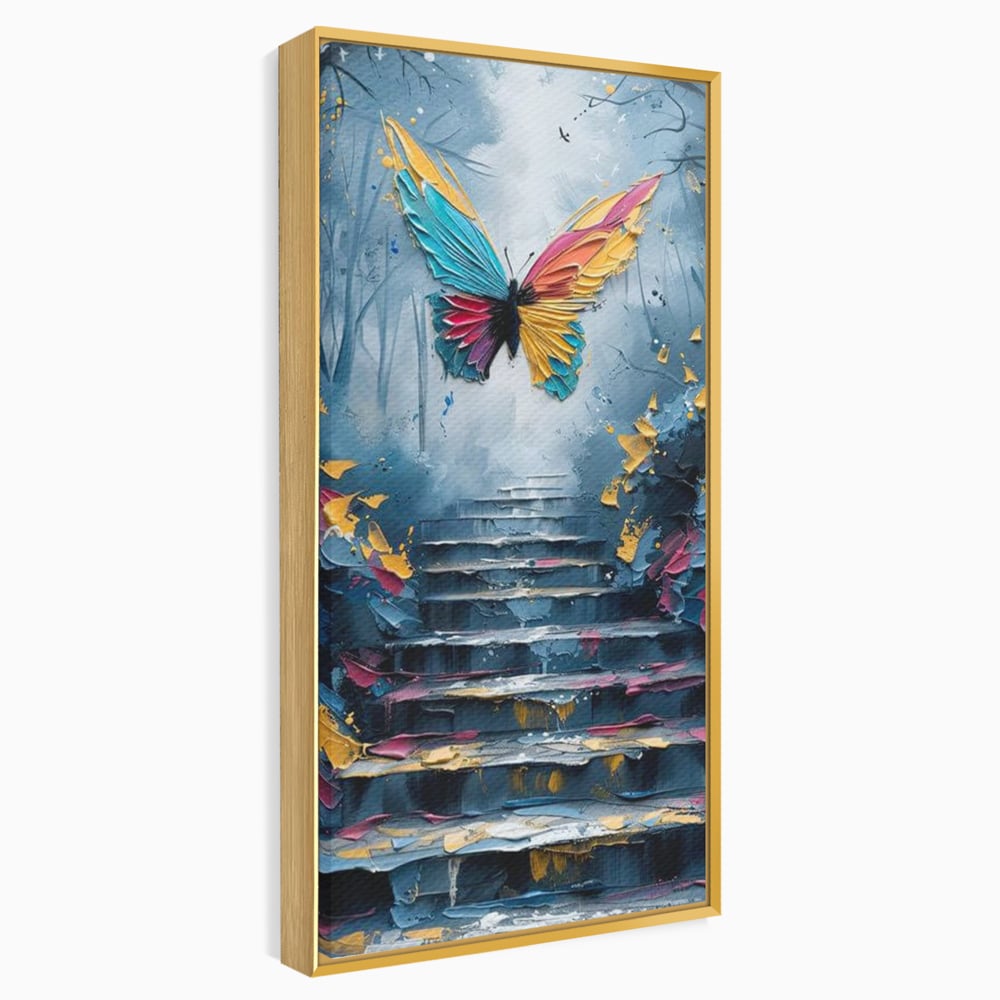Tablou canvas cu tablou canvas cu fluture multicolor si scari, in rama de aluminiu auriu