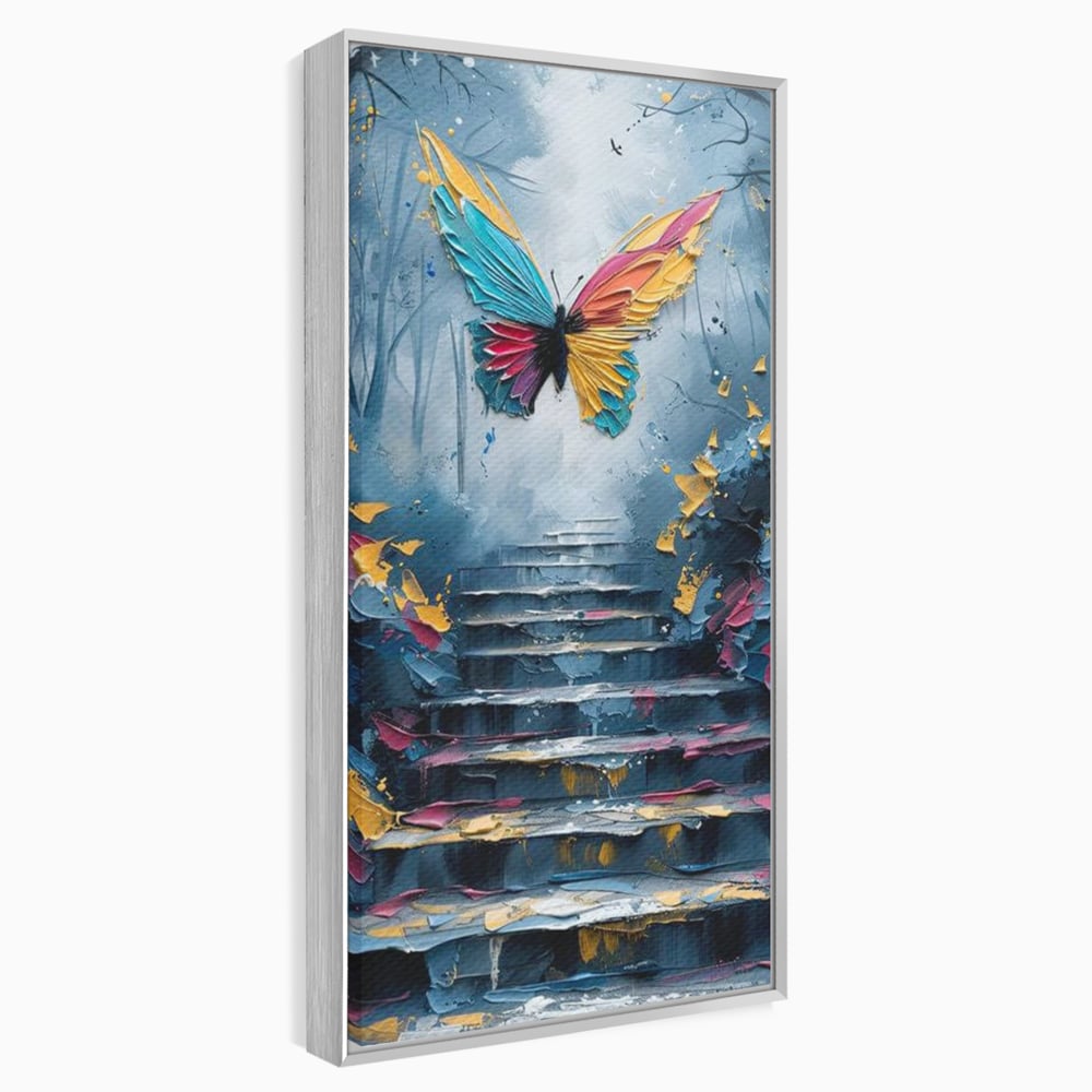 Tablou canvas cu tablou canvas cu fluture multicolor si scari, in rama de aluminiu argintiu