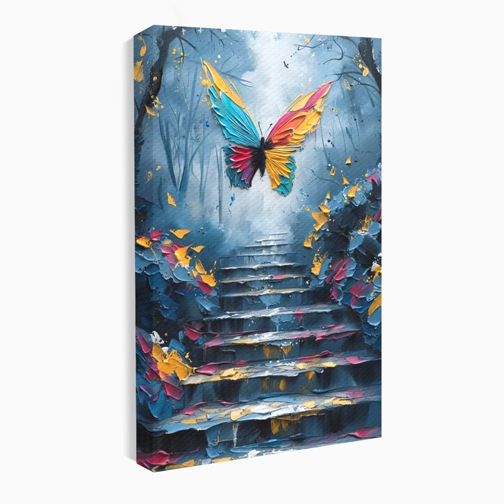 Tablou canvas cu tablou canvas cu fluture multicolor si scari, fara rama, pe sasiu de lemn