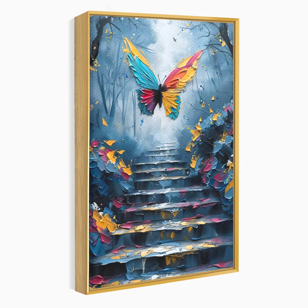 Tablou canvas cu tablou canvas cu fluture multicolor si scari, in rama de aluminiu auriu