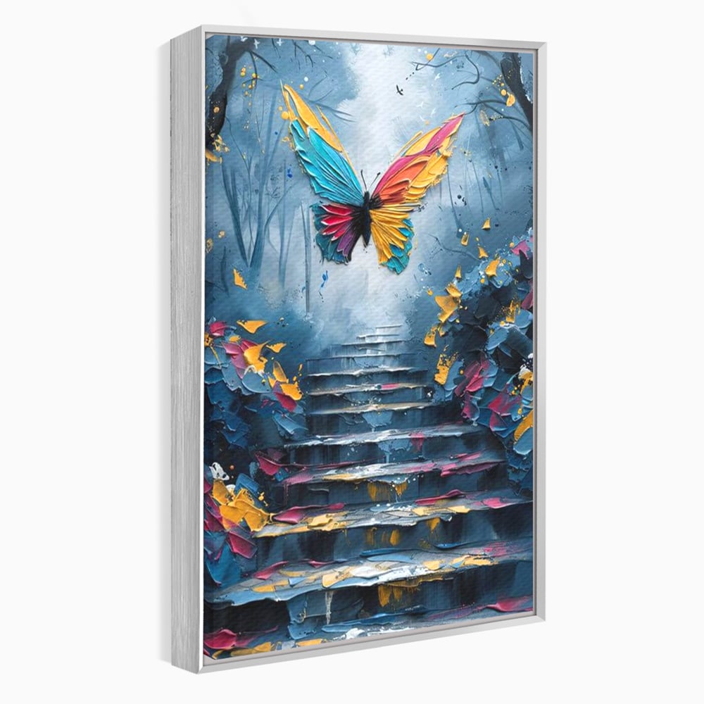 Tablou canvas cu tablou canvas cu fluture multicolor si scari, in rama de aluminiu argintiu