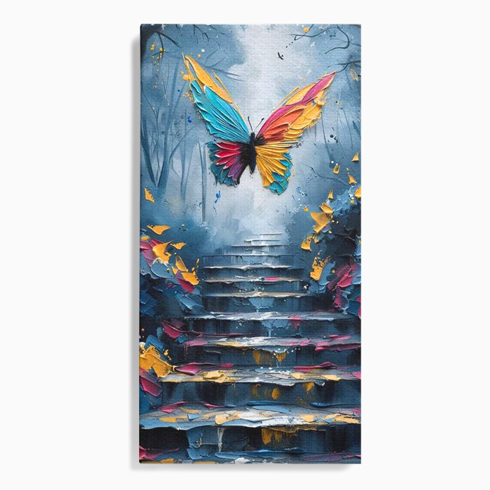 Tablou canvas cu tablou canvas cu fluture multicolor si scari, fara rama, pe sasiu de lemn