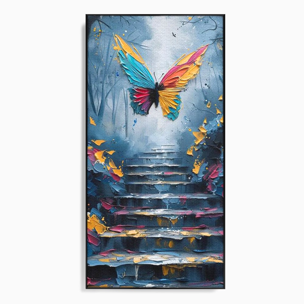 Tablou canvas cu tablou canvas cu fluture multicolor si scari, in rama de aluminiu negru