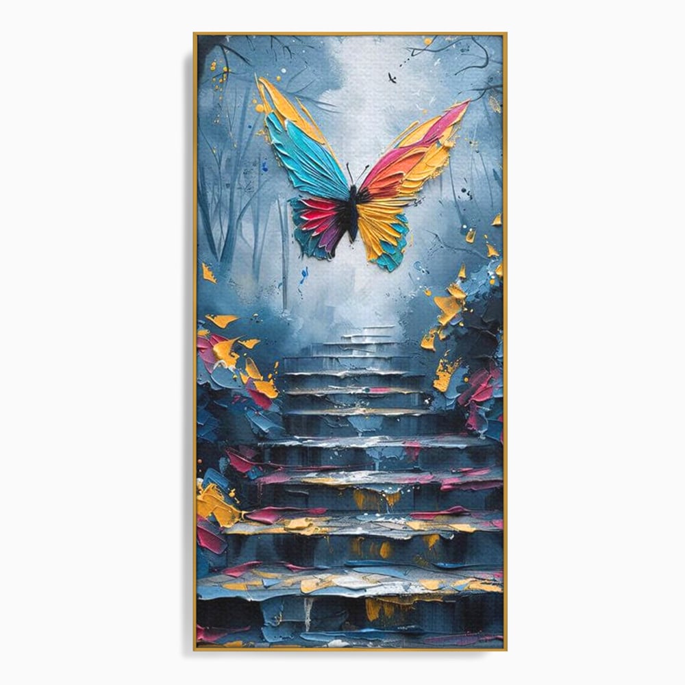 Tablou canvas cu tablou canvas cu fluture multicolor si scari, in rama de aluminiu auriu