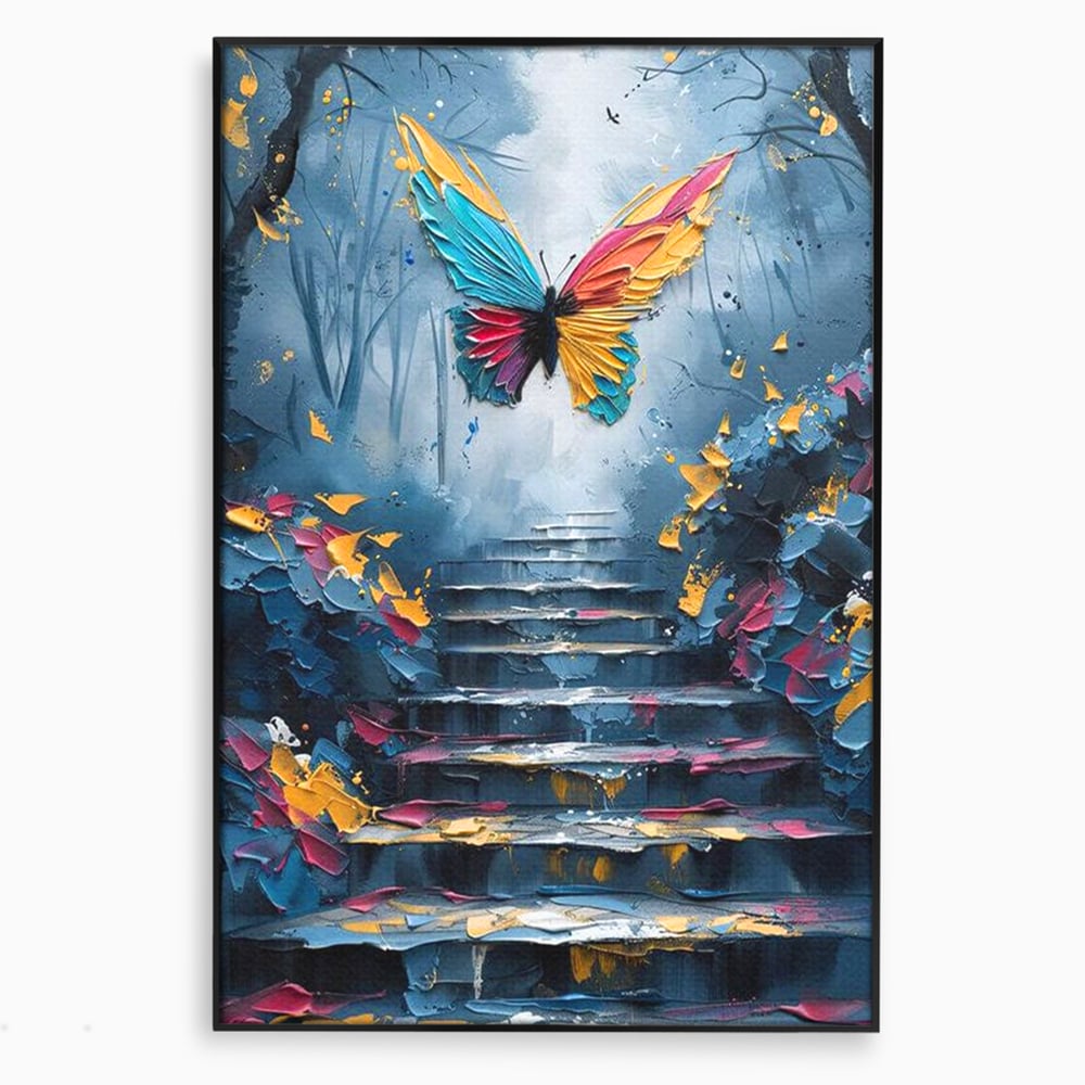 Tablou canvas cu tablou canvas cu fluture multicolor si scari, in rama de aluminiu negru