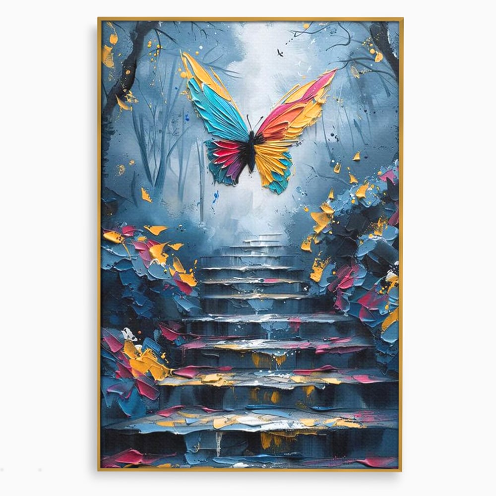 Tablou canvas cu tablou canvas cu fluture multicolor si scari, in rama de aluminiu auriu
