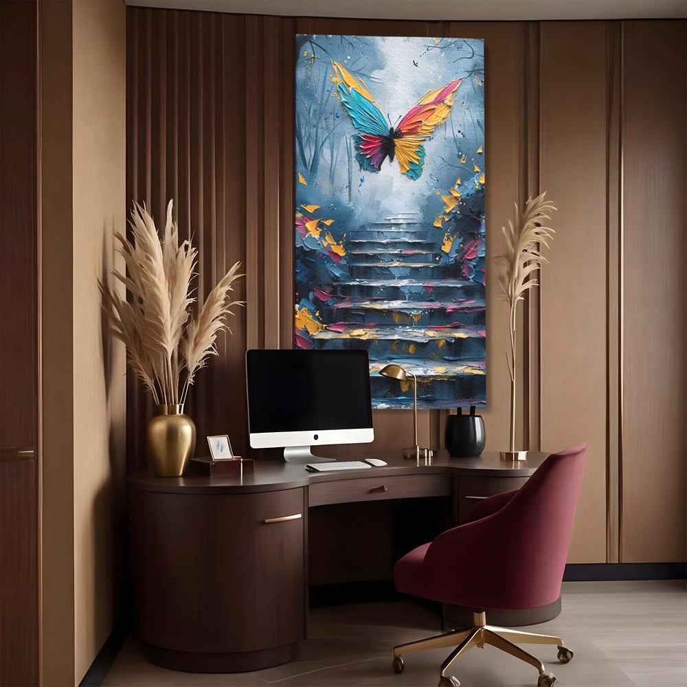 Tablou canvas cu tablou canvas cu fluture multicolor si scari, fara rama, pe sasiu de lemn, pe perete intr-un birou