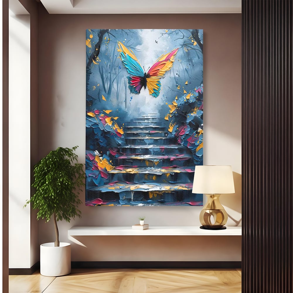 Tablou canvas cu tablou canvas cu fluture multicolor si scari, fara rama, pe sasiu de lemn
