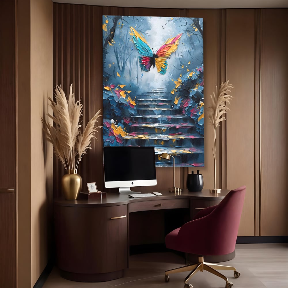 Tablou canvas cu tablou canvas cu fluture multicolor si scari, fara rama, pe sasiu de lemn, pe perete intr-un birou